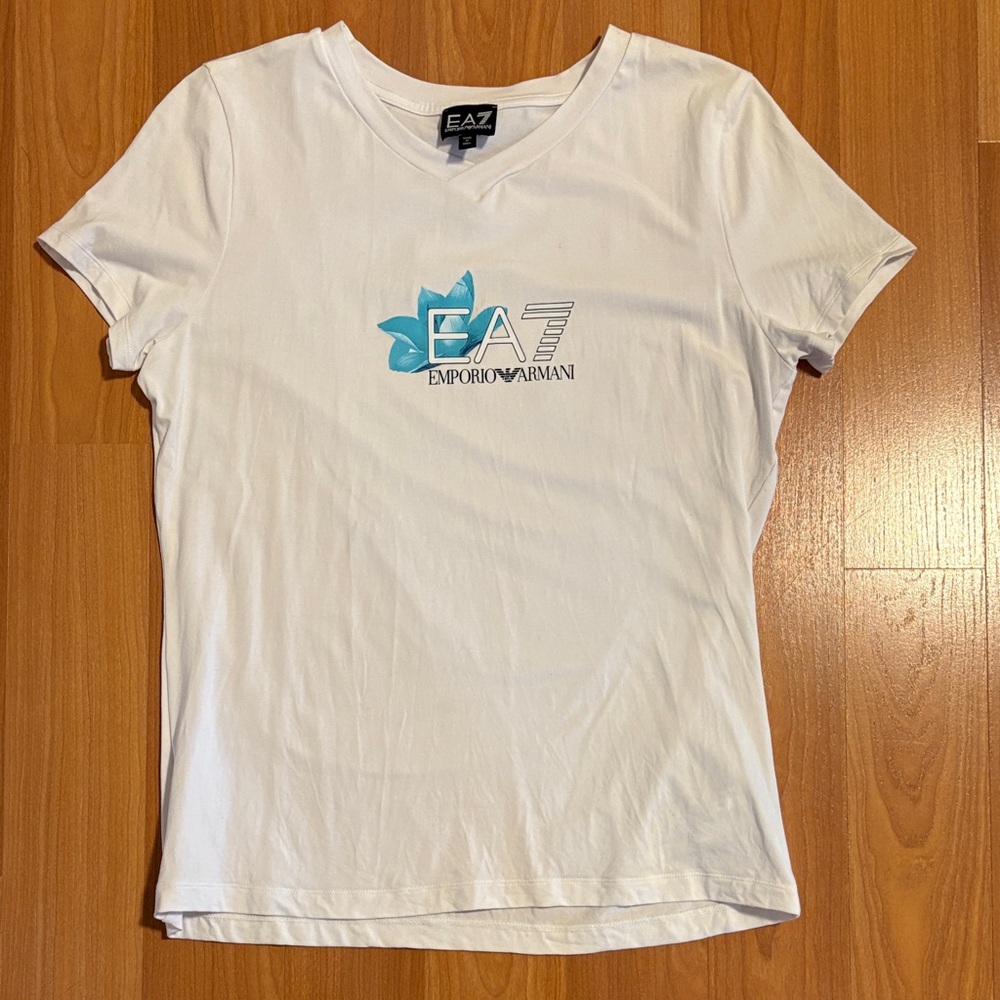 Emporio Armani White V-neck Tee with Blue Graphic